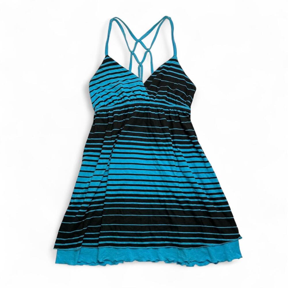 Y2K black and blue horizontal striped babydoll dress criss-cross straps Large